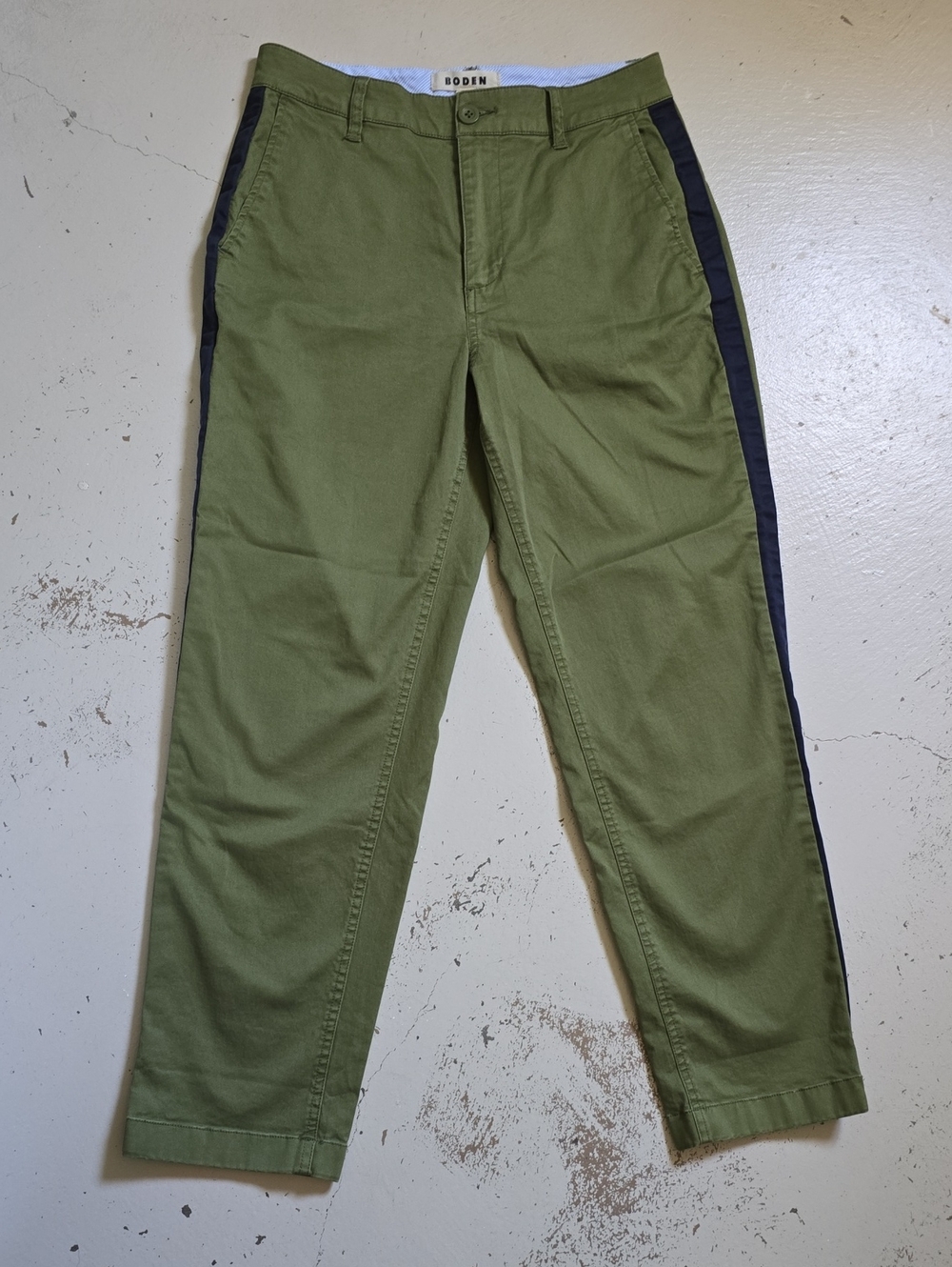 Boden Barnsbury Chino Women's Trousers Olive Green Black Side Stripes Size 6P